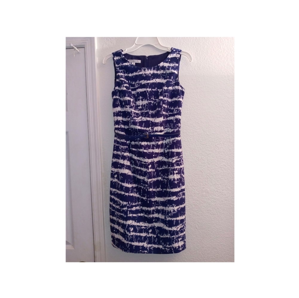 Evan Picone White & Blue Sleeveless Dress w/ Removable Belt Size 4 EUC